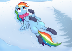 Size: 1737x1228 | Tagged: safe, artist:wonkysole, rainbow dash, pegasus, pony, g4, boots, clothes, cute, dashabetes, female, mare, on back, scarf, snow, snowfall, solo