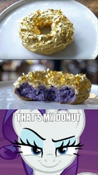 Size: 2000x3555 | Tagged: safe, derpibooru exclusive, screencap, rarity, pony, unicorn, g4, made in manehattan, bread, donut, female, food, glitter, high res, image macro, looking at you, mare, meme, solo, that's my x
