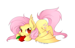 Size: 3794x2446 | Tagged: safe, artist:scarlet-spectrum, fluttershy, bat pony, pony, g4, apple, cute, fangs, female, flutterbat, food, high res, nom, shyabetes, simple background, solo, transparent background