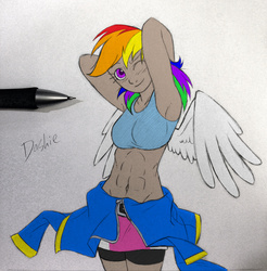 Size: 1941x1975 | Tagged: safe, artist:ixalon, artist:redapropos, color edit, edit, rainbow dash, human, g4, abs, armpits, belly button, blushing, colored, female, humanized, pencil drawing, sketch, solo, traditional art, winged humanization, wink, wip