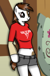 Size: 1000x1500 | Tagged: safe, artist:flyingbrickanimation, pipsqueak, earth pony, anthro, g4, arm hooves, belly button, clothes, female, leaning, midriff, multiple variants, older, pipi, rule 63, short shirt, short sleeves over long sleeves, shorts, solo, t-shirt, teenager, van halen