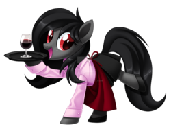 Size: 1600x1204 | Tagged: safe, artist:centchi, oc, oc only, oc:dark light, apron, clothes, hoof hold, pleated skirt, shirt, shoes, simple background, skirt, solo, transparent background, waitress, watermark