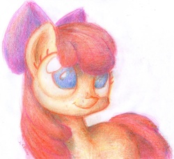 Size: 1328x1209 | Tagged: safe, artist:aemuhn, apple bloom, g4, adorabloom, colored pencil drawing, cute, female, solo, traditional art, wrong eye color