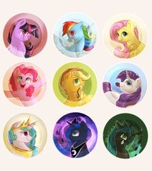 Size: 1024x1152 | Tagged: safe, artist:segraece, applejack, fluttershy, pinkie pie, princess celestia, princess luna, queen chrysalis, rainbow dash, rarity, twilight sparkle, alicorn, pony, g4, button, female, mane six, mare, twilight sparkle (alicorn)