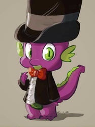 Size: 659x879 | Tagged: safe, artist:sonilink, spike, dragon, g4, bowtie, clothes, cute, cute little fangs, dapper, fangs, gray background, hat, male, simple background, solo, spikabetes, top hat, tuxedo