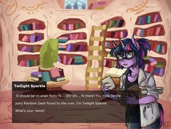 Size: 1333x1000 | Tagged: safe, artist:lya, twilight sparkle, anthro, g4, book, clothes, colored, dating sim, female, glasses, kezsüel, lab coat, library, post-apocalyptic, roleplaying, solo, text, visual novel