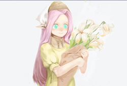 Size: 1024x696 | Tagged: safe, artist:ciyunhe, fluttershy, human, g4, female, flower, gray background, humanized, simple background, solo