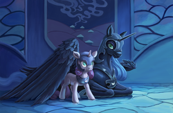 Size: 1280x833 | Tagged: dead source, safe, artist:maggwai, nightmare moon, sweetie belle, alicorn, pony, unicorn, g4, duo, female, filly, helmet, mare, nightmare sweetie belle, prone