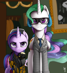 Size: 1000x1100 | Tagged: dead source, safe, artist:supermare, princess celestia, twilight sparkle, alicorn, dog, pony, pug, unicorn, g4, clothes, crossover, duo, eggsy (kingsman), eye reflection, glasses, harry hart, jb, kingsman: the secret service, reflection, signature