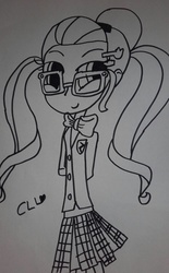 Size: 1536x2471 | Tagged: safe, artist:cutelovelover, sugarcoat, equestria girls, g4, my little pony equestria girls: friendship games, clothes, crystal prep academy uniform, cute, drawing, female, looking at you, monochrome, school uniform, sketch, smiling, solo, sugarcute, traditional art