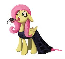Size: 1100x1012 | Tagged: safe, artist:nottex, fluttershy, fuzzy legs, spider, g4, scare master, clothes, dress, fangs, female, floppy ears, folded wings, simple background, solo, standing, tongue out, white background