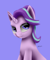 Size: 1600x1915 | Tagged: safe, artist:titan2955, starlight glimmer, g4, bust, female, lidded eyes, lineless, looking at you, simple background, solo, uncanny valley