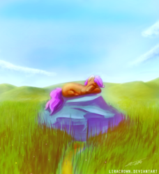 Size: 1204x1319 | Tagged: safe, artist:liracrown, scootaloo, g4, female, grass field, hill, lineless, mountain, resting, rock, sleeping, solo, wingless