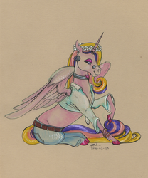 Size: 1024x1230 | Tagged: safe, artist:sagastuff94, princess cadance, g4, choker, clothes, female, front knot midriff, glasses, hippie, make love not war, midriff, pants, peace symbol, raised hoof, shirt, sitting, solo, spread wings, traditional art