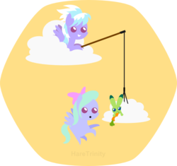 Size: 696x655 | Tagged: safe, artist:haretrinity, cloudchaser, flitter, rabbit, g4, bait, carrot, cloud, food, pointy ponies, simple background, transparent background