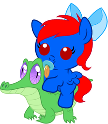 Size: 886x1017 | Tagged: safe, artist:red4567, gummy, oc, oc:aimee, pony, g4, baby, baby pony, bow, cute, hair bow, ocbetes, pacifier, ponies riding gators, riding, simple background, sweet dreams fuel, white background