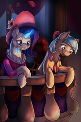 Size: 1000x1500 | Tagged: safe, artist:blindcoyote, coco pommel, rarity, g4, balcony, chair, clothes, dress, glasses, hat, magic, older, opera, telekinesis