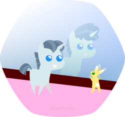 Size: 696x655 | Tagged: safe, artist:haretrinity, party favor, g4, duality, male, mirror, pointy ponies, simple background, solo, transparent background