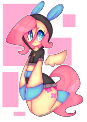 Size: 2500x3500 | Tagged: safe, artist:bunxl, fluttershy, pegasus, semi-anthro, g4, arm hooves, bunny ears, clothes, costume, cute, dangerous mission outfit, female, flying, heart eyes, high res, hoodie, looking at you, midriff, simple background, solo, white background, wingding eyes