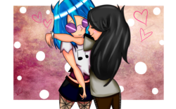 Size: 2560x1600 | Tagged: safe, artist:vampirelovers2000, dj pon-3, octavia melody, vinyl scratch, human, g4, female, hug, humanized, lesbian, ship:scratchtavia, shipping