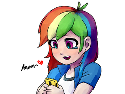 Size: 800x600 | Tagged: safe, artist:aisureimi, rainbow dash, oc, oc:anon, human, g4, /mlp/, cell, cellphone, clothes, crying, dialogue, eyes on the prize, fanfic art, female, heart, humanized, open mouth, phone, shirt, simple background, smiling, solo, tears of joy, teeth, white background