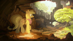 Size: 2748x1545 | Tagged: safe, artist:fuzzyfox11, applejack, g4, apple, apple tree, bandana, female, food, forest, solo, valley