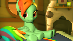 Size: 1920x1080 | Tagged: safe, artist:yellencandy, rainbow dash, g4, 3d, bed, bright, female, furry, looking at you, remake, solo, source filmmaker
