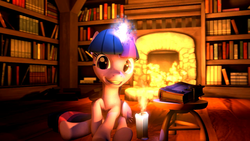 Size: 1334x750 | Tagged: safe, artist:emerson-vzn, twilight sparkle, alicorn, pony, g4, 3d, book, bookshelf, candle, female, fireplace, looking at you, magic, mare, sitting, source filmmaker, twilight sparkle (alicorn)