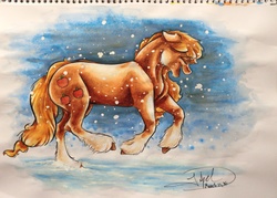 Size: 4265x3061 | Tagged: safe, artist:artmadebyred, applejack, g4, eyes closed, female, happy, open mouth, running, snow, snowfall, solo, traditional art, unshorn fetlocks, watercolor painting