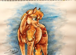 Size: 4236x3069 | Tagged: safe, artist:artmadebyred, applejack, g4, chest fluff, female, fluffy, snow, snowfall, solo, traditional art, watercolor painting