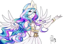 Size: 900x636 | Tagged: safe, artist:kawaiishadowchica, princess celestia, human, g4, cleavage, clothes, dress, female, humanized, pony coloring, simple background, solo, spread wings, traditional art, winged humanization