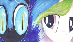 Size: 2688x1556 | Tagged: safe, artist:ihaveaninkling, nightmare moon, princess celestia, g4, aside glance, looking at you, traditional art