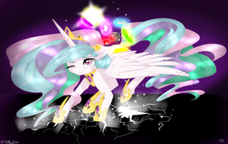 Size: 1024x648 | Tagged: safe, artist:doodle-28, princess celestia, g4, elements of harmony, female, mare in the moon, moon, solo, spread wings, wink
