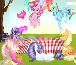 Size: 1024x877 | Tagged: safe, artist:doodle-28, applejack, fluttershy, pinkie pie, rainbow dash, rarity, spike, twilight sparkle, alicorn, pony, balloon, book, female, floating, flying, grin, magic, mane seven, mane six, mare, mouth hold, picnic, picnic basket, picnic blanket, telekinesis, then watch her balloons lift her up to the sky, twilight sparkle (alicorn)