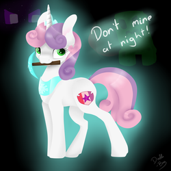 Size: 1024x1024 | Tagged: safe, artist:doodle-28, sweetie belle, don't mine at night, g4, cutie mark, female, minecraft, mouth hold, pickaxe, solo, the cmc's cutie marks