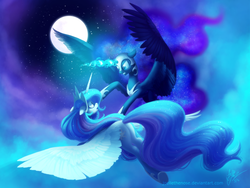 Size: 1920x1440 | Tagged: safe, artist:joellethenose, nightmare moon, princess celestia, alicorn, pony, g4, angry, butt, female, fight, flying, glowing horn, horn, jewelry, mare, moon, night, open mouth, plot, regalia, signature, sky, spread wings, stars, wide eyes