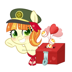 Size: 800x800 | Tagged: safe, artist:0biter, tag-a-long, earth pony, pony, g4, donation box, female, filly, filly guides, gingerbetes, grin, simple background, smiling, solo, transparent background, watermark