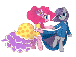 Size: 1328x992 | Tagged: dead source, safe, artist:0biter, maud pie, pinkie pie, earth pony, pony, g4, bipedal, clothes, cute, dancing, dress, gala dress, simple background, sisters, white background