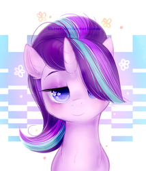 Size: 800x933 | Tagged: safe, artist:0biter, starlight glimmer, g4, the crystalling, bedroom eyes, cute, female, fluffy, glimmerbetes, hair over one eye, looking at you, new hairstyle, portrait, sitting, smiling, solo, starry eyes, stars, watermark, wingding eyes