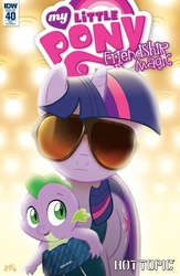 Size: 600x923 | Tagged: safe, artist:tony fleecs, idw, spike, twilight sparkle, g4, spoiler:comic40, baby, baby dragon, baby spike, cover, filly, glasses, hot topic, mama twilight, my little pony logo, parody, reference, sunglasses, the hangover, younger