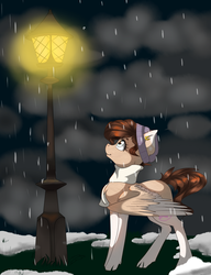 Size: 1024x1333 | Tagged: safe, artist:doodle-28, oc, oc only, oc:doodle bug, pegasus, pony, ear piercing, hat, lamppost, piercing, smiling, snow, snowfall, solo