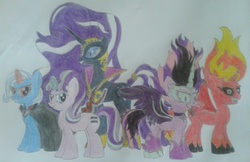 Size: 2183x1416 | Tagged: safe, artist:cnsfan2, nightmare rarity, rarity, sci-twi, starlight glimmer, sunset shimmer, trixie, twilight sparkle, pony, unicorn, equestria girls, g4, alicorn amulet, counterparts, equal cutie mark, equestria girls ponified, evil grin, magical quintet, midnight sparkle, midnightsatan, ponified, sunset satan, traditional art, twilight's counterparts, unicorn sci-twi