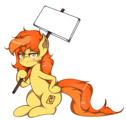 Size: 2252x2144 | Tagged: safe, artist:awintermoose, oc, oc only, oc:sand veil, blushing, grumpy, high res, holding sign, looking at you, simple background, solo, transparent background, unamused, yellow eyes