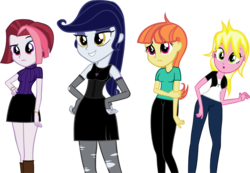 Size: 898x623 | Tagged: safe, artist:ironm17, cayenne, citrus blush, moonlight raven, sunshine smiles, canterlot boutique, equestria girls, g4, clothes, equestria girls-ified, fingerless gloves, gloves, goth, hand on hip, short-sleeved sweater, simple background, skirt, sleeveless, sweater, t-shirt, transparent background, vector