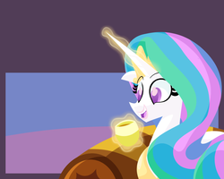 Size: 1000x800 | Tagged: safe, artist:frostedwarlock, princess celestia, g4, celestia replies, female, food, glowing horn, horn, magic, solo, tea, teacup, telekinesis