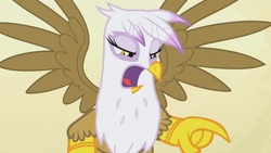 Size: 1280x720 | Tagged: safe, screencap, gilda, griffon, g4, griffon the brush off, my little pony: friendship is magic, angry, faic, female, pointing, solo