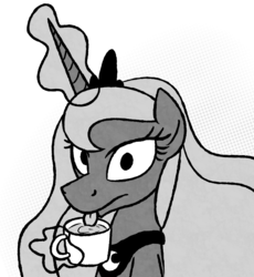 Size: 2000x2177 | Tagged: safe, artist:moemneop, princess luna, alicorn, pony, g4, drinking, female, food, grayscale, high res, lapping, looking at you, monochrome, solo, tea, tongue out