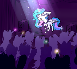 Size: 2000x1800 | Tagged: safe, artist:vincher, princess celestia, alicorn, pony, ask white alicorn, g4, choker, collar, concert, crowd, ear piercing, eyes closed, female, glowing horn, horn, magic, mare, microphone, piercing, punklestia, raised hoof, silhouette, singing, solo focus, spiked choker, spotlight, spread wings, stage, telekinesis, wings, wristband