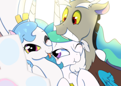 Size: 4092x2893 | Tagged: safe, artist:marukouhai, discord, princess celestia, oc, oc:eris, hybrid, g4, cute, discute, family, family photo, female, grin, hugwink, interspecies offspring, male, offspring, parent:discord, parent:princess celestia, parents:dislestia, scrunchy face, selfie, ship:dislestia, shipping, straight, tongue out