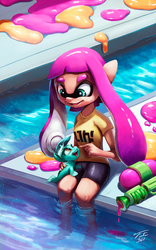 Size: 900x1440 | Tagged: safe, artist:tsitra360, lyra heartstrings, inkling, sea pony, g4, clothes, crossover, cute, ink, looking at each other, nintendo, open mouth, resort, seapony lyra, signature, species swap, splatoon, splattershot, swimming pool, water, weapon